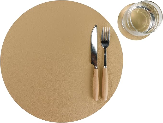 Wipeable Placemats and Coasters Leather Table Mats Waterproof Heat-Resistant Easy to Clean for Dining Table Set Kitchen Table Set of 6, Buff