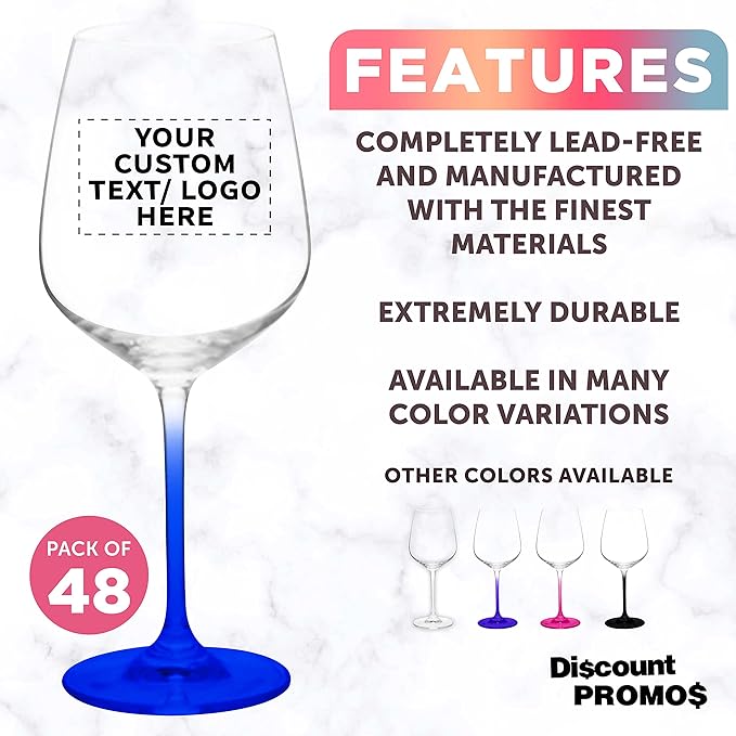 Custom Crystal Wine Glasses 17.5 oz Set of 48, Personalized Bulk Pack - Restaurant Glassware, Perfect for Red Wine or White Wine - Blue