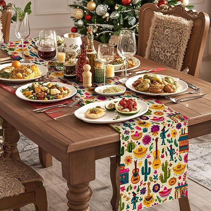 Mexican Flower Cactuses Table Runner Seasonal Holiday Kitchen Dining Linen Table Decoration for Indoor Outdoor Home Party Decor 13 x 72 Inch