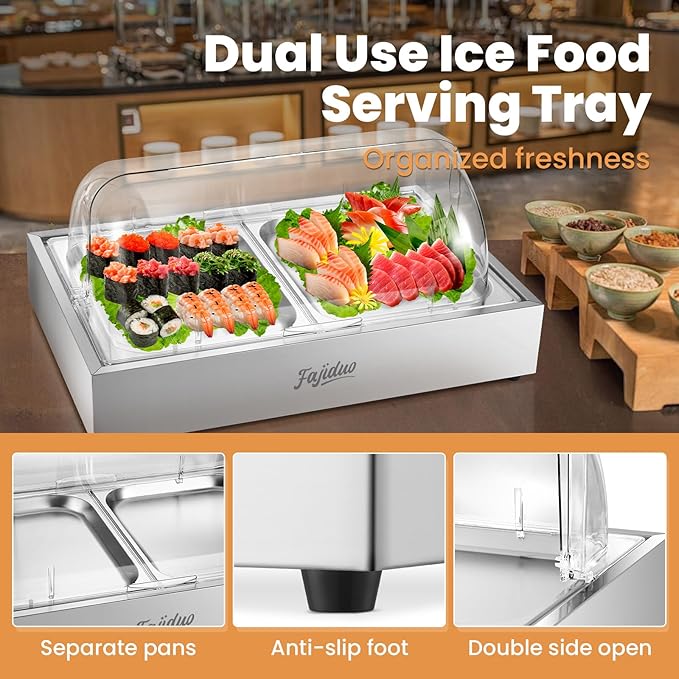 Ice Food Serving Display Tray, Cold Serving Plate with Clear Roll Top, 5QT Stainless Steel Food Serving Tray, Cooling Food Dishes Display Plate for Home, Buffet, Restaurant, Party