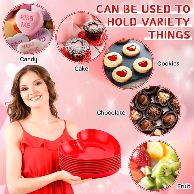 10-Pack 9.8 Inch Valentine's Day Candy Dish Heart Shaped Candy Bowl Plastic Dessert Plates Heart Shaped Dinner Bowl Party Serving Dishes for Salad, Cake, Snack, Waffles, Fruit, Appetizer(Red)