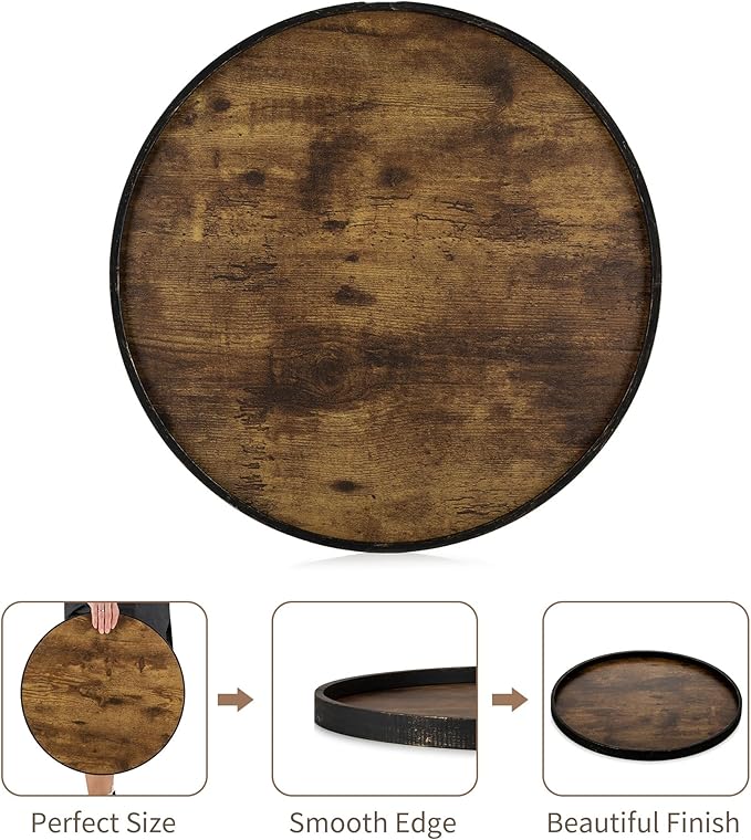 Hanobe Decorative Coffee Table Tray: Brown Wood Tray Round Rustic Wooden Trays Circle Farmhouse Centerpiece Candle Holder for Home Decor Ottoman Counter Display Living Room Organizer 18"