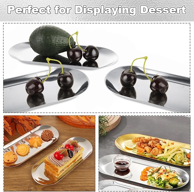CYEAH Stainless Steel Decorative Tray Set of 6, Silver Decorative Tray 9 inch, Oval Jewelry Dish Bathroom Vanity Small Serving Trays Candle Holder, Stainless Steel Cosmetics Perfume Trays