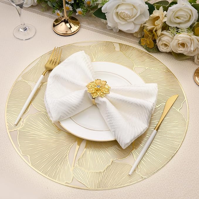Gold Round Placemats Set of 6 Metallic Pressed Vinyl Place Mats for Dining Table Centerpiece Decor Ginkgo Leaf Table Mats Non Slip Heat Resistant 15 Inch