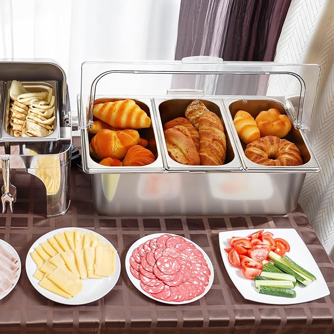 Perforated Countertop Food Serving Display Container and Clear Roll Top Cover 3 Pan Stainless Steel Food Serving Tray Buffet Condiment Dispenser Display Rack for Restaurant Hotel Kitchen Party