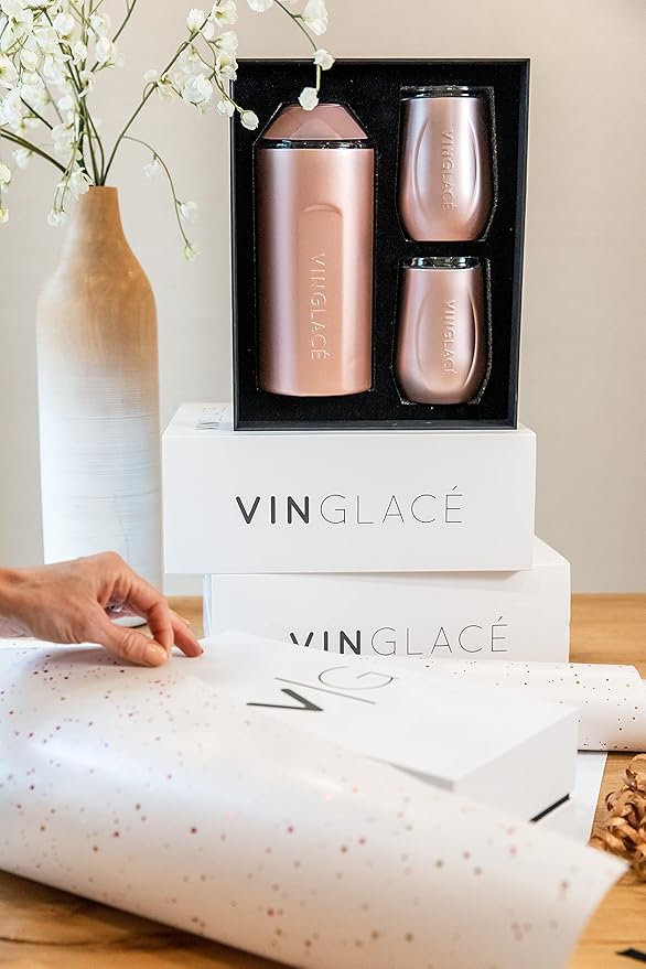 Vinglacé Wine Bottle Chiller Gift Set- Portable Stainless Steel Wine Cooler with 2 Stemless Wine Glasses, Rose Gold