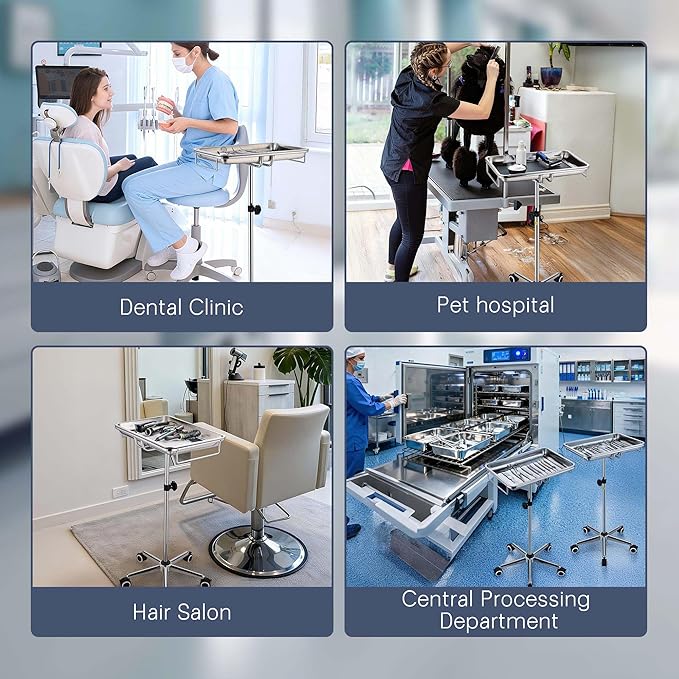 AW Mayo Stand with 2 Trays Stainless Steel Adjustable Height 31"-48" Mobile Medical Cart Trolley 19"x13"x2" Removeable Instrument Trays 5 Pcs Lockable Wheels for Dental Salon Tattoo Esthetician