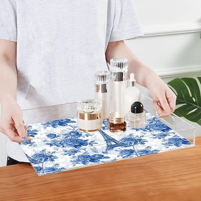 Serving Tray with Handles Clear Acrylic Tray 12x16 Inch Decorative Rectangular Tray Organizer for Ottoman Coffee Table Bathroom Blue Roses and Eiffel Tower