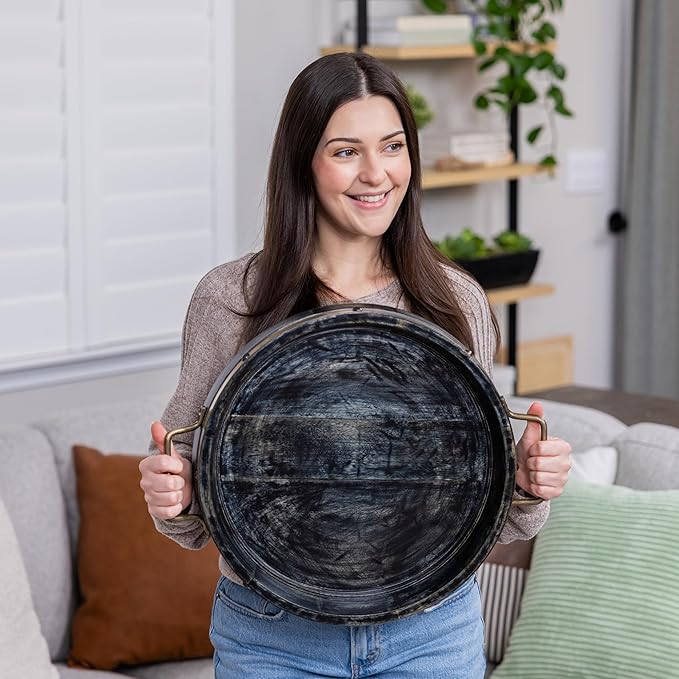16” Round Ottoman Tray, Distressed Black Mango Wood, Rustic Farmhouse Style with Antique Brass Handles & Accent Strap, Large Coffee Table Tray for Tea, Breakfast in Bed, Living Room