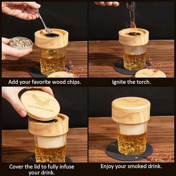 Ultimate Whisky Smoker Kit Old Fashioned Smoker Kit with Torch - 6 Flavor Wood Chips, 2 Glasses, 2 Ice Ball Molds - Cocktail Smoker Kit Gifts for Men, Dad, Bourbon Smoker Kit Lovers (No Butane)