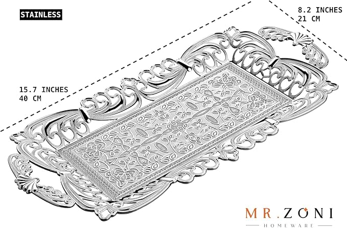 Turkish Tea Coffee Serving Tray with Handles Ottoman Decorative (Silver)
