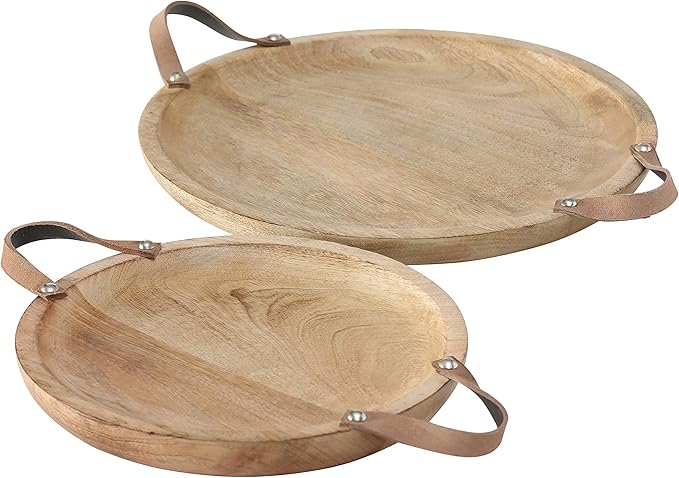 Mango Wood Board Server Trays, Set of 2, Desserts, Charcuterie, Snacks, Serving, Brown Leather Handles, Rustic Rounds, 15 and 12 Inches Diameter