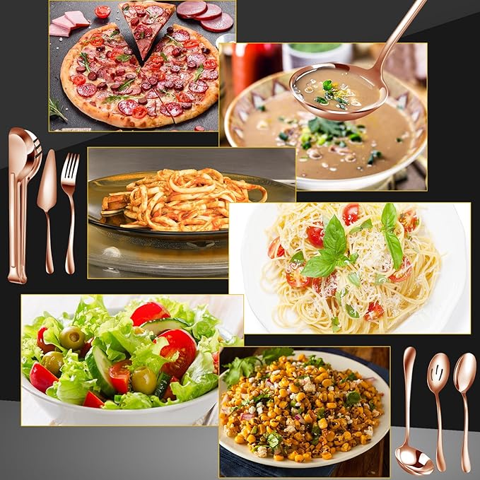 Thenshop 30 Pcs Stainless Steel Serving Utensils Set Flatware Set Include Large Serving Spoons Slotted Spoons Forks Soup Ladle Pie Server and Tongs for Buffet Party(Rose Gold)