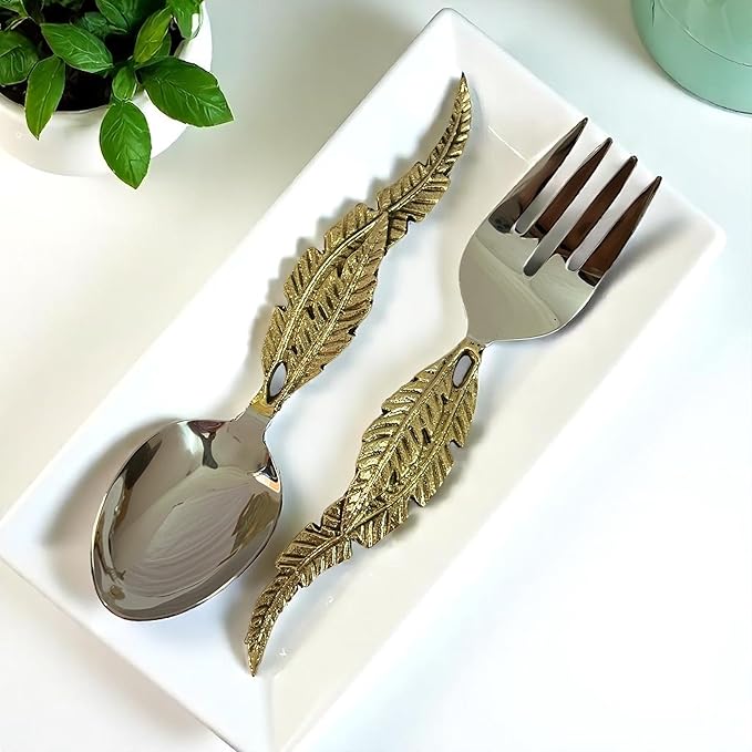 Gold Salad Serving Spoon and Fork Set – Stainless Steel with Decorative Leaf Handle – Elegant 2-Piece Flatware Set for Salad, Pasta, Fruits (10" inches)