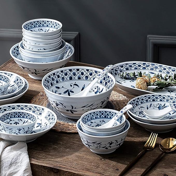 Kitchen Tableware Set,Ceramics Dinner Sets, Blue and White Porcelain Porcelain Dinnerware Set of 45 Simplicity Cereal Bowl and Steak Plate Set for Family Dinner