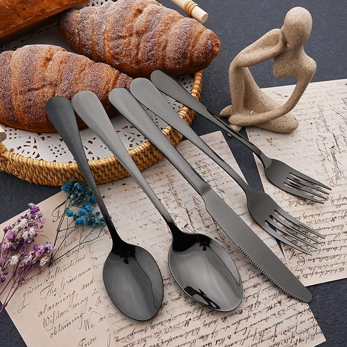 JASHII 25-Piece Fork Spoon Knife Silverware Set with Serving Utensils for 4, Food Grade Stainless Steel Flatware Cutlery Set for Home and Restaurant, Dishwasher Safe - Shiny Black