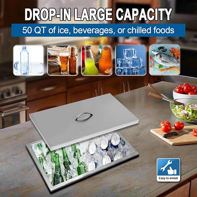 Drop in Ice Chest with Cover Stainless Steel Ice Cooler Included Drain-Pipe and Drain Plug Drop in Ice Bin Outdoor Kitchen for Cold Wine Beverage