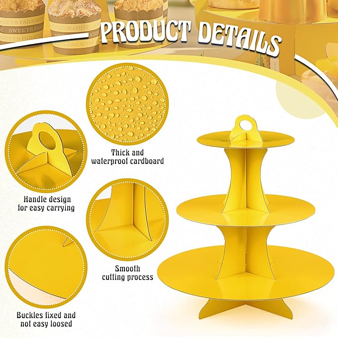 Zopeal 7 Pcs Dessert Table Display Set 3-Tier Cupcake Stand 1-Tier Cup Cake Display Tower Platters and Serving Trays Cardboard Cake Cookie Holders for Wedding Birthday Party Baby Shower(Yellow)