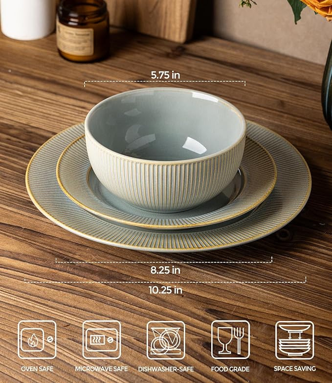 TheTerra Stoneware Dinnerware Sets for 4, 12 Pieces Ceramic Plates and Bowls Sets, Scratch Resistant Embossed Dish Set, Oven, Microwave & Dishwasher Safe, Desert Sage