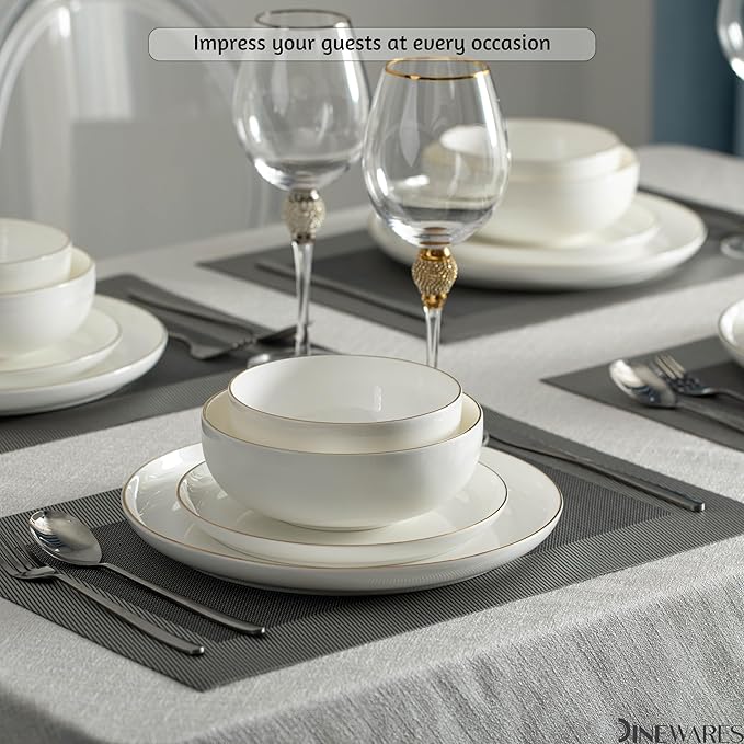 Perlaceo Luxurious Collection of 12-Piece White with Gold Rim Bone China Dinnerware Set - Lightweight and Durable - Service for 4, Including Dinner Plates, Salad Plates, and Cereal or Soup Bowls