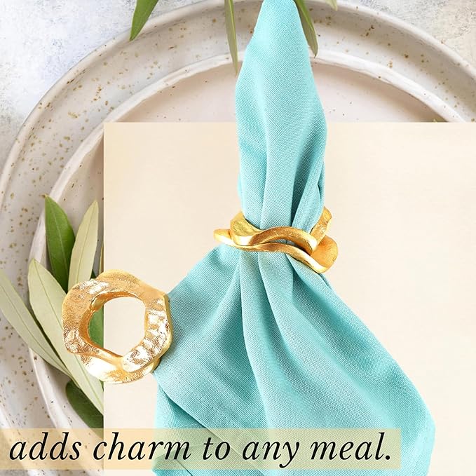 CLEENTABLE 8 Pcs Metal Table Decor Napkin Rings Wavy Sculptural Napkin Holders, Decorative Serveitte Ring for Table Settings Wedding Christmas Party Dinner Table (Gold)