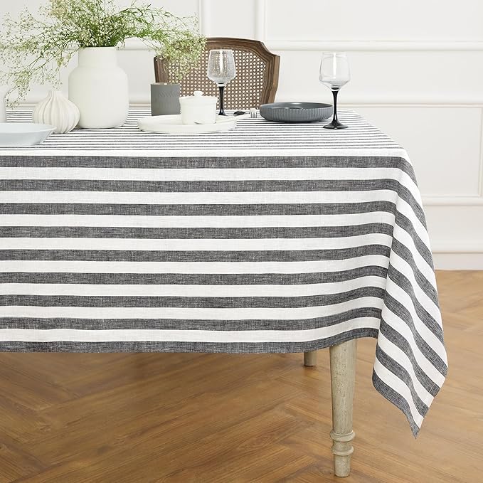 Solino Home Linen Square Tablecloth 52 x 52 Inch - Sorrento Stripe, 100% Pure Linen Black and White Table Throw - Machine Washable Tablecloth