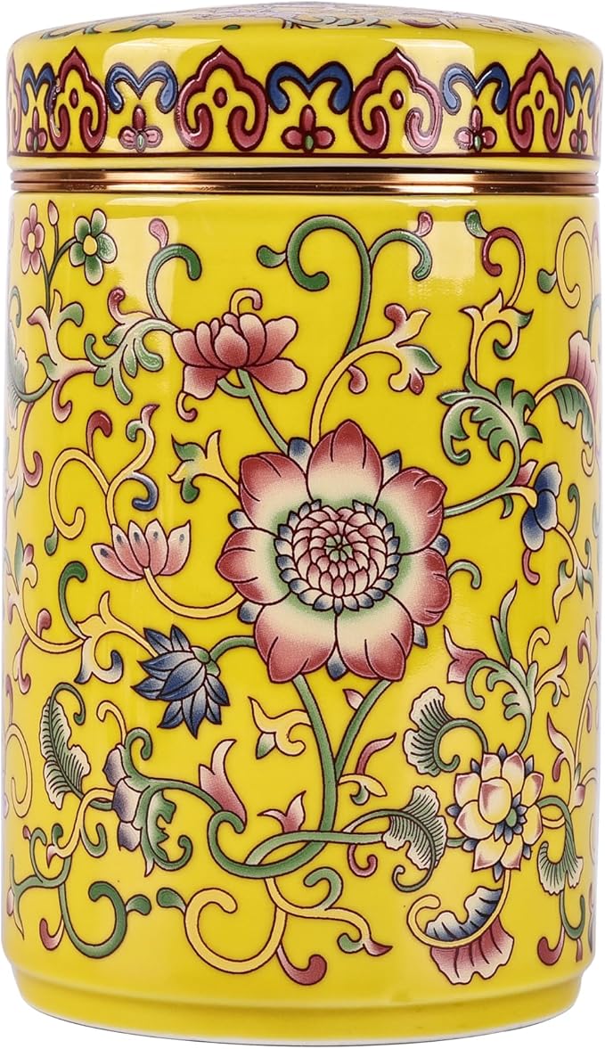 XINGYAN Chinoiserie Enamel Ginger Jar with Twist Lid - Traditional Chinese Blue and White Porcelain Style-Cylinder Design (Yellow Cylinder)