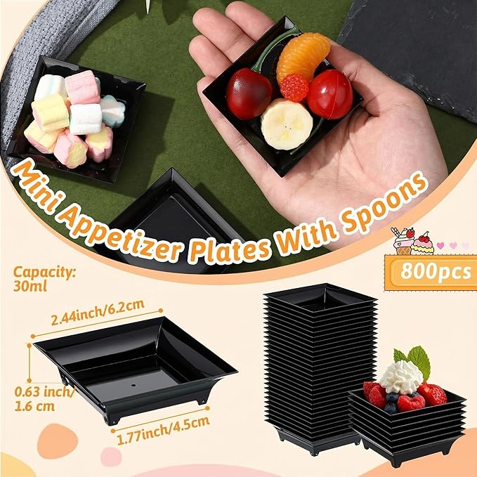 800 Pcs Mini Appetizer Plates Bulk 1 oz 2.4 Inch Square Plastic Dessert Plates Disposable Appetizer Tray for Wedding Shower Valentine's Salad Cake Afternoon Tea Birthday Party (Black)
