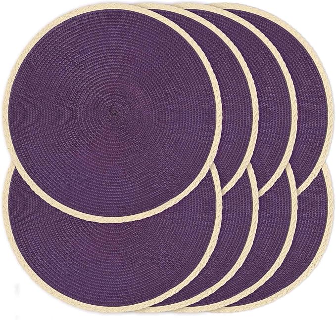 Noctiflorous Round Placemats Set of 8, 15 Inch Braided Hand Woven Table Mats, Heat Resistant Non-Slip Wipeable Thin Edge Place Mats for Kitchen Dining Indoor Outdoor Use(Purple, 8)