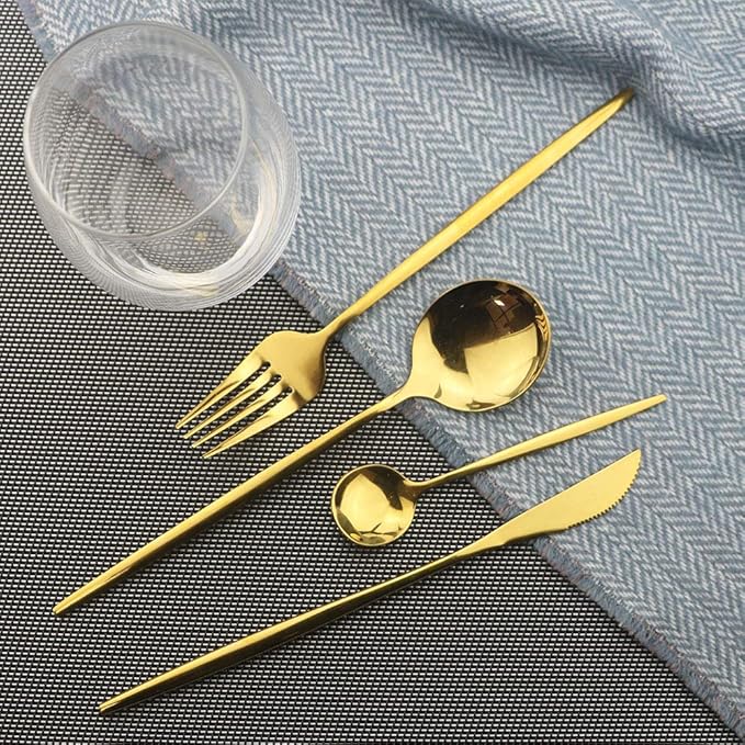 JASHII 32 Pieces Stainless Steel Home Kitchen Cutlery Set Gold Flatware Set Mirror Polished Knife Fork Set Spoon Modern Tableware Set (Gold Full)