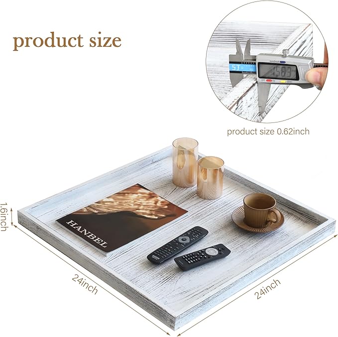 Extra Large Square Ottoman Table Tray 24 inch - Rustic Wooden Serving Tray for Farmhouse Decorative Oversized Coffee Table Trays Living Room Kitchen Counter Breakfast Whitewash