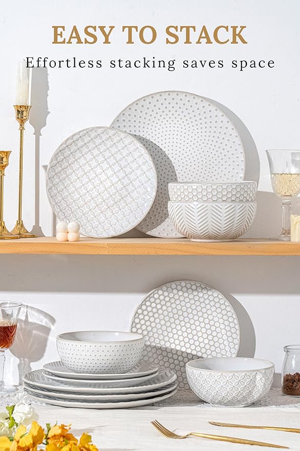 12-Piece Embossed Dinnerware Set–4 Dinner Plates,4 Salad Plates,4 Pasta Bowls,Ceramic, Dishwasher & Microwave Safe,Elegant Rustic Tableware for Family Use