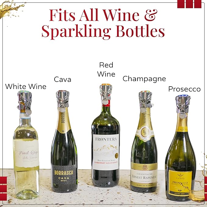 Wine Stopper & Champagne Stopper All In One - Patented Seal, Preserves Bubbles & Taste for Prosecco, Cava, and Wine – 1 Pro Grade Evan James Bottle Stopper With Hanging Gift Box