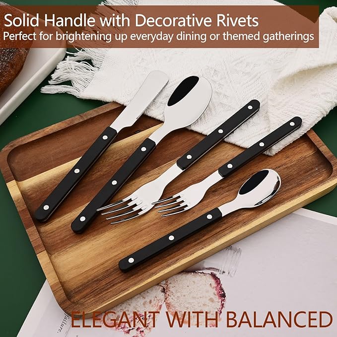 5 PCS Stainless Steel Flatware Set for 1, Silverware Set with Colored Handles, Retro Style Forks Spoons and Knives Set, Vintage Eating Utensils, Black Acrylic Handle with Rivets Design