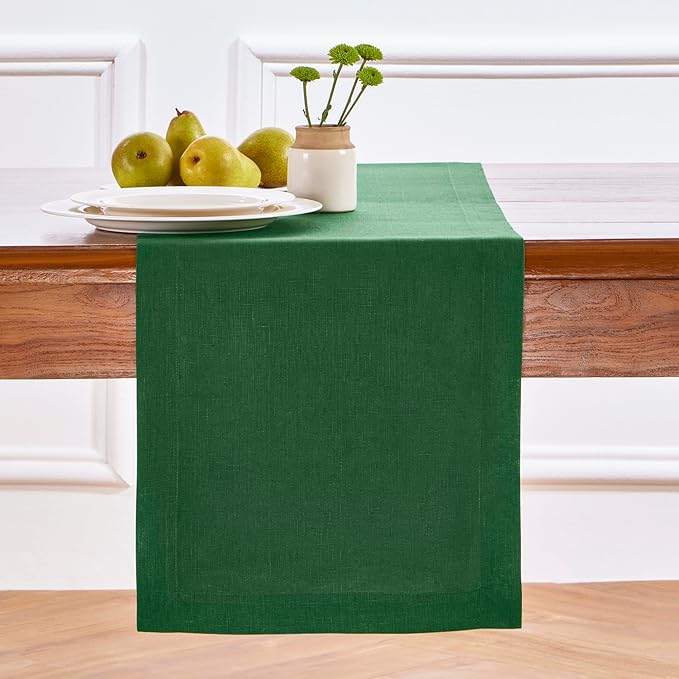 Solino Home Linen Table Runner 72 Inches Long - 100% Pure Linen Pine Green Dining Table Runner 14 x 72 Inch for Christmas, New Year - Fete