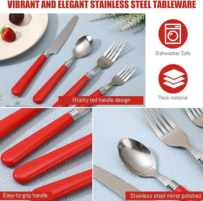 Sabary 40 Pcs Handle Silverware Stainless Steel Sets for 8 Flatware Cutlery with Colored Handles 8 Dinner Knife, 8 Dinner Fork, 8 Salad Fork, 8 Dinner Spoon, 8 Dessert Spoon for Home(Red)