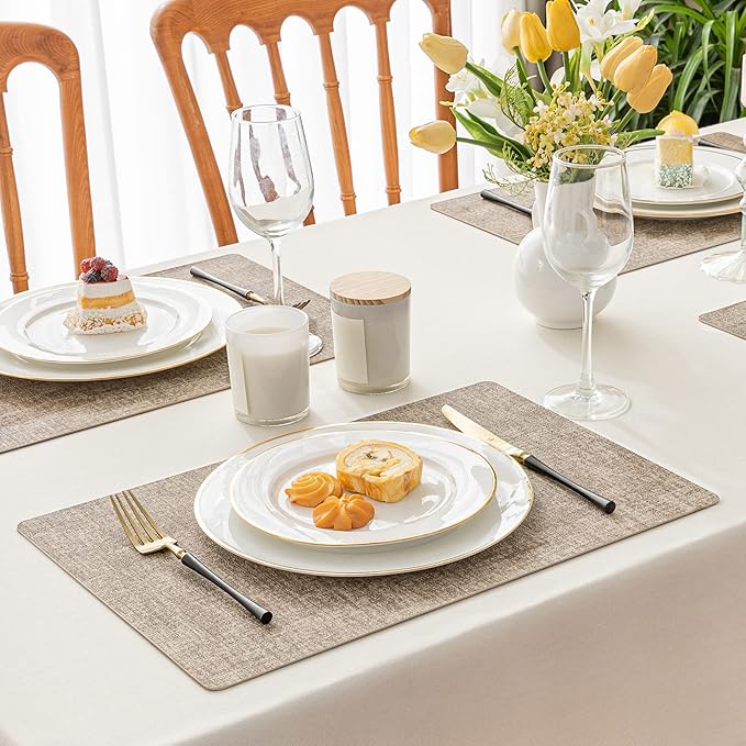 Romanstile Vinyl Placemats Set of 4-12 X 17 Inch - Faux Leather 100% Waterproof Oil-Proof Wipeable Place Mats, Heat Resistant Reversible PU Table Mats for Kitchen Dining Party Outdoor, Khaki