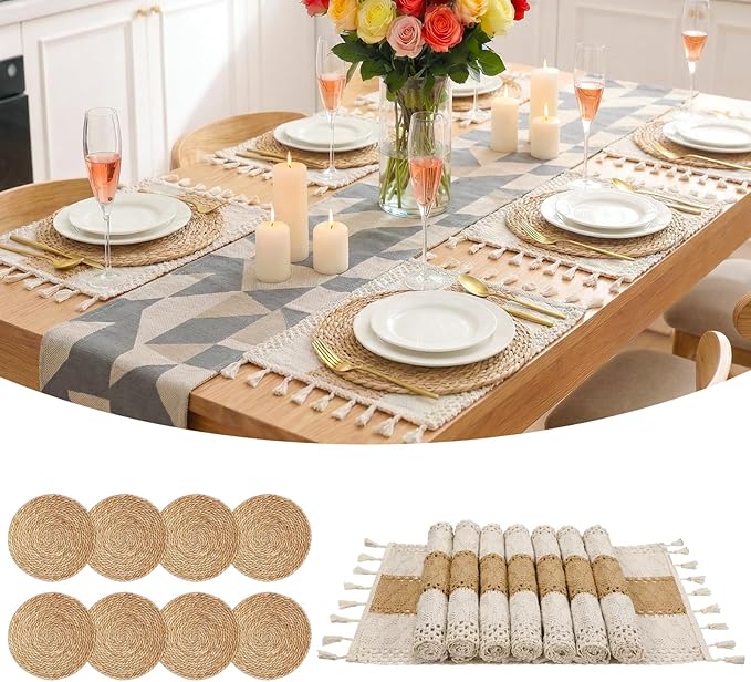 Placemats Set of 8-11.8in Round Rattan Place Mats & 11.8” x 17” Cotton Braided Placemat for Dining Table Setting, Rustic Farmhouse Boho Wedding Decor, Wicker Woven Charger Dinner Plates, 16Pcs