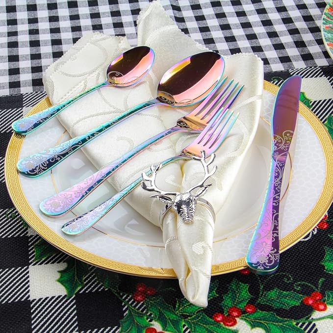 40 Pieces Stainless Steel Flatware Set for 8 People Knives Forks Spoons Set, Vintage Pattern Design, Mirror Polish and Dishwasher Safe (05-COLORFUL-SET 40)