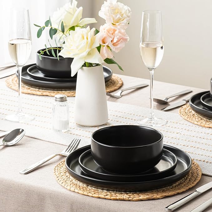 EWFEN Plates and Bowls Sets, Dinnerware Sets for 8, 24 Pieces Scratch Resistant Dishware Dishes Set, Ceramic Kitchen Dinner Set, Porcelain & Microwave and Dishwasher Safe, Black