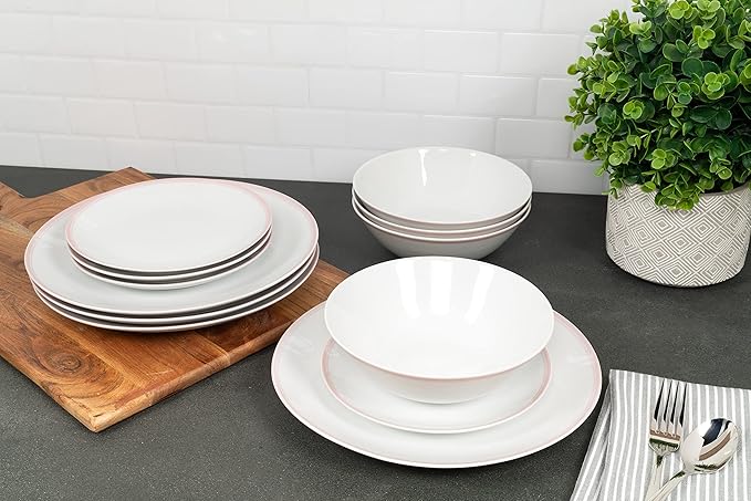 10 Strawberry Street Coupe Double Line 12 Pc, Pink Dinnerware Set, Misty Rose,SM-1200-CP-P
