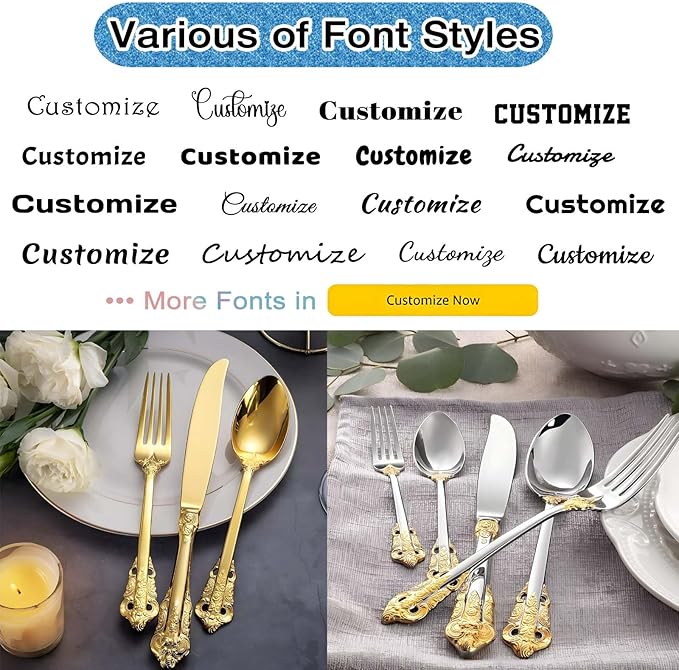 [5 Pack] Personalized Vintage Luxury Flatware Set, Customized Engraved Name Dates Stainless Steel Tableware with Gold Accents, Custom Cutlery Kit Antique Baroque Silverware Gift for Party Favors