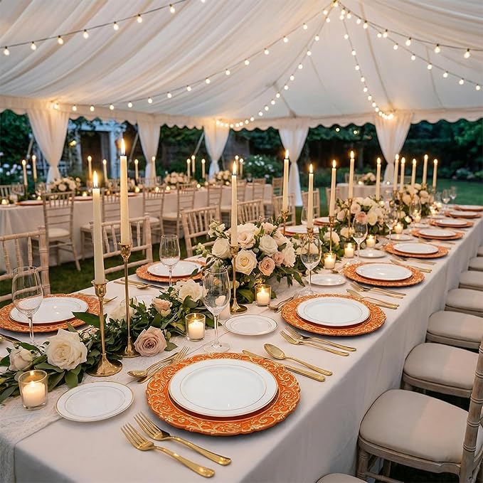 Orange Charger Plates with Gold Embossed Rim, 13 Inch Plastic Charger for Dinner, Party, Wedding, Table Setting. (Set of 6)