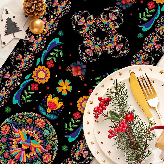 Mexican Floral Skull Table Runner Seasonal Holiday Kitchen Dining Linen Table Decoration for Indoor Outdoor Home Party Decor 13 x 72 Inch