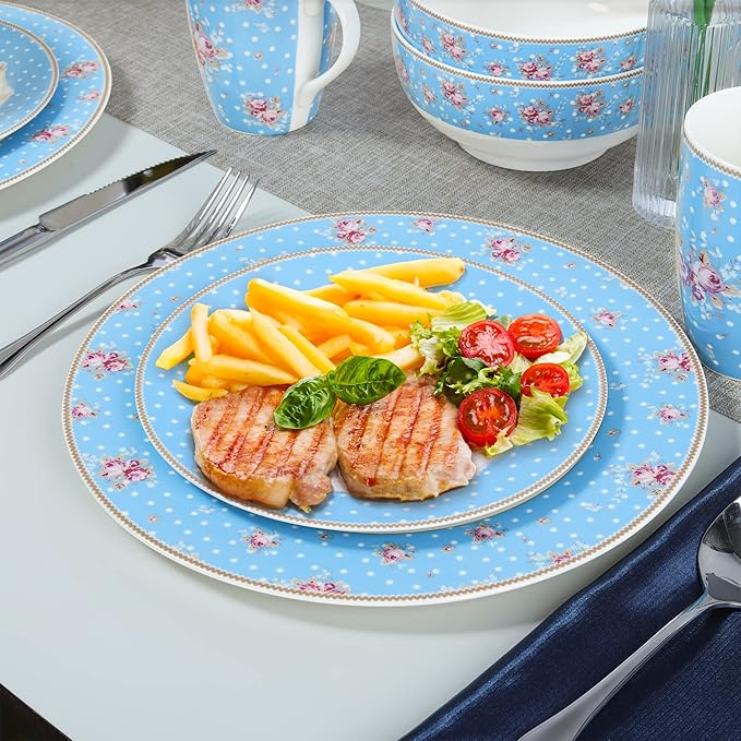 fanquare 12 Piece Blue Floral Dinnerware Set, Vintage Polka Dot Plates Bowls Set, Ceramic Tableware for Home Party, Microwave & Dishwasher Safe