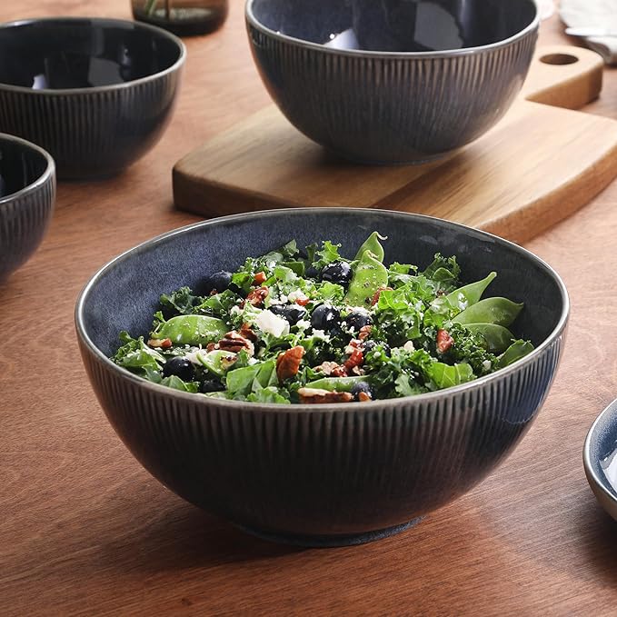 Gibson Elite Sandy Pines 4 Piece Nesting Bowl Set, 4”, 5.5”, 7” & 9” Round Stoneware Bowls, Reactive Glaze Finish, Blue, Mixing, Prep & Serving Bowls, Microwave & Dishwasher Safe