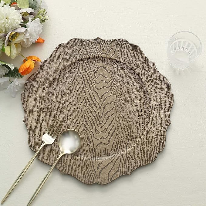 Efavormart 6 Pack | 13" Rustic Natural Wooden Textured Acrylic Charger Plates With Scalloped Rim