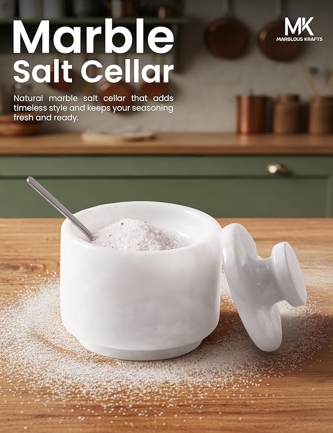 MARBLOUS KRAFTS Marble Salt Cellar with Lid & Spoon 3' White Small Flaky Salt Container, Seasoning Jar, Spice Storage Countertop, Ideal For Salt Box, Sugar Jar Kitchen Décor