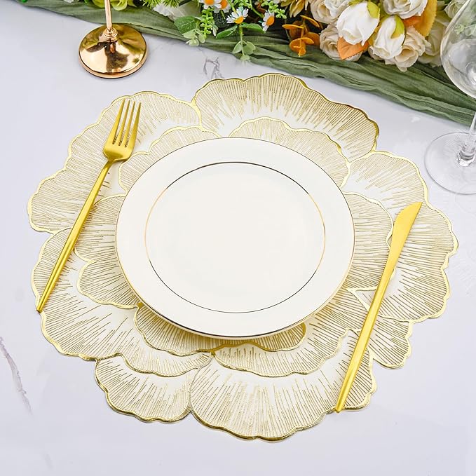 Floral Round Placemats Set of 6 Gold Vinyl Table Mats Heat Resistant Non Slip Place Mats for Dinning Table Setting Christmas Wedding Thanksgiving Party Decoration