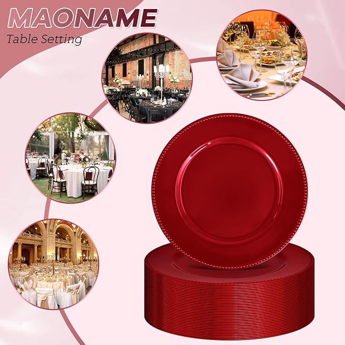 36 Pcs Red Charger Plates Round Charger Plates13 Inch Bulk Wedding Dinner Elegant Reusable Plastic Chargers Plates Wedding Holiday Party Baby Shower Event Decoration (Red)